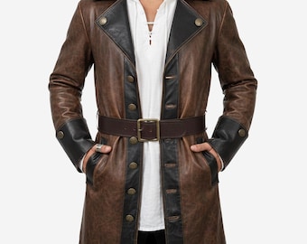 Handmade Men's Vintage Style Distressed Brown Pirate Cosplay Leather Trench Coat | Steampunk Outfit