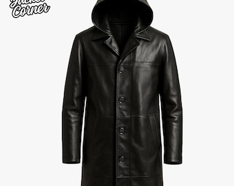 Gabardina de cuero auténtico negro con capucha para hombre, hecha a mano, abrigo largo de cuero gótico con capucha, regalo para él