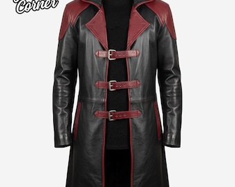 Handmade Men’s Hooded Gothic Black & Red Leather Trench Coat | Steampunk Cosplay Coat