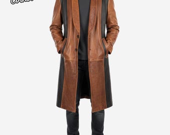 Handmade Men's Brown & Black Leather Cosplay Trench Coat | Gothic Cosplay Costume