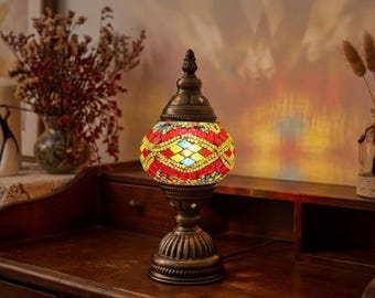 Handcrafted Mosaic Table Lamp | Stained Glass Desk Lamp, Bohemian Night Light, Vintage Bronze Accent Lamp, Home Decor Gift