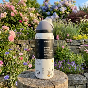 May include: A white Owala water bottle with a grey lid, featuring a black label with text and cartoon character illustrations. The bottle is decorated with cartoon characters. The bottle is 739 ml.