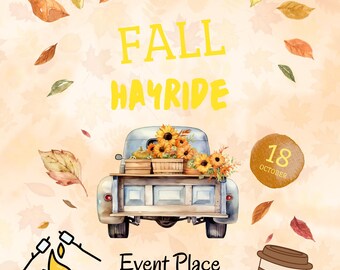 Puede incluir: Invitación a un paseo en heno de otoño con una camioneta azul vintage llena de girasoles y calabazas. La invitación incluye la fecha, 18 de octubre, y una taza de café con un diseño de calabaza. También incluye una fogata y calabazas.