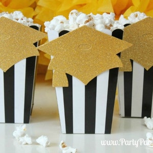 Graduation Popcorn Boxes Black & White Stripe, gold cap, Sets of 10 , Ships 2-4 business days image 1