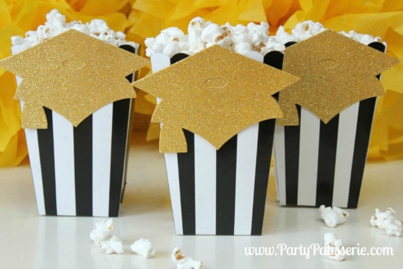 Graduation Popcorn Boxes Black & White Stripe, gold cap, Sets of 10 , Ships 2-4 business days image 1