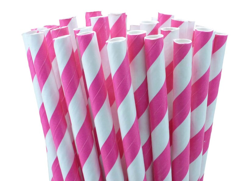 25 Bright Pink and White Striped Paper Party Straws - Etsy