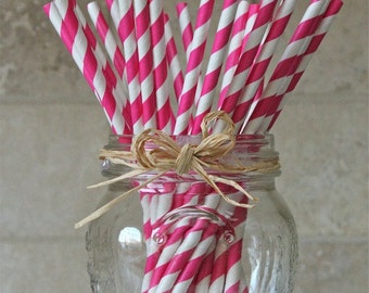 25 Bright Pink and White Striped Paper Party Straws