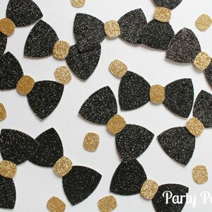 Bow Tie Confetti, New Years, Wedding, Shower,Little Man, black, gold, party, NYE, birthday, shower, reunion, corporate event, black glitter image 3