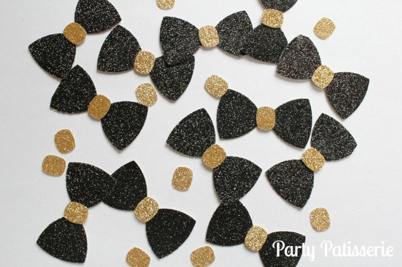 Bow Tie Confetti, New Years, Wedding, Shower,Little Man, black, gold, party, NYE, birthday, shower, reunion, corporate event, black glitter image 3