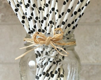 25 Black and White Polka Dot Paper Party Straws