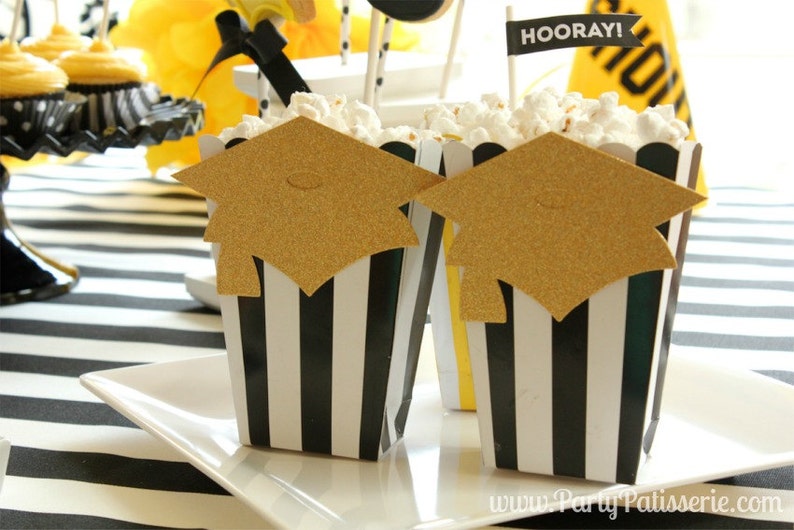 Graduation Popcorn Boxes Black & White Stripe, gold cap, Sets of 10 , Ships 2-4 business days image 3