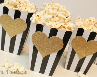 Black & White Striped Popcorn Boxes with Gold Glittered Heart, Wedding, Bridal, Oscar party,  Set of 10