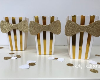 Gold and White Popcorn Box with Bowtie, New Year's Eve, Wedding, Shower, Bridal Favor, Birthday, Anniversary,Corporate Event