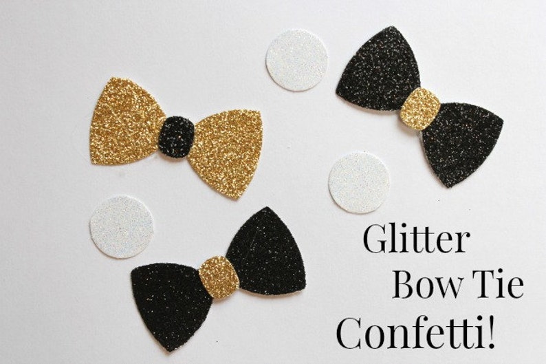 Bow Tie Confetti, New Years, Wedding, Shower,Little Man, black, gold, party, NYE, birthday, shower, reunion, corporate event, black glitter image 1