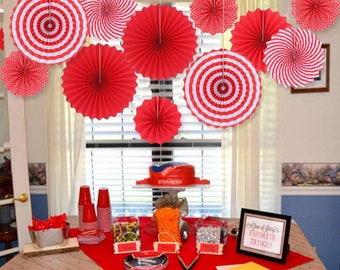 Hanging Red and White paper fan set, 4th of July, valentine's day, birthday party decor, graduation