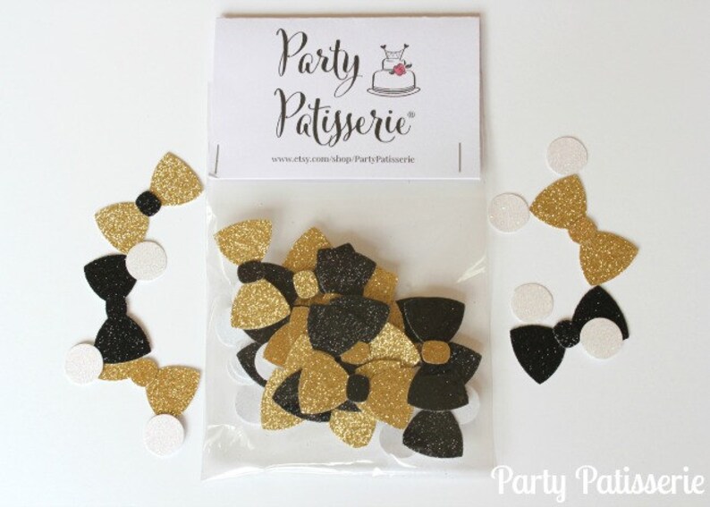 Bow Tie Confetti, New Years, Wedding, Shower,Little Man, black, gold, party, NYE, birthday, shower, reunion, corporate event, black glitter image 2
