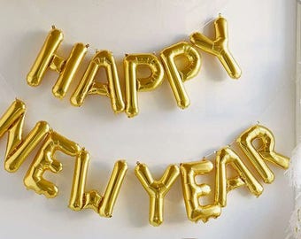 Happy New Year Balloon Banner Gold