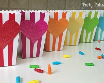 Valentine Popcorn Boxes Striped Colors, Favor Boxes with matching glittered heart Set of 6