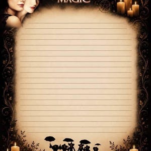 以下が含まれることがあります： 上部に「Practical Magic」の文字、2人の女性の肖像画、灯されたキャンドル、下部に傘を持つ6人のシルエットが描かれた便箋。中央は薄茶色で、書き込み用の水平線が引かれています。