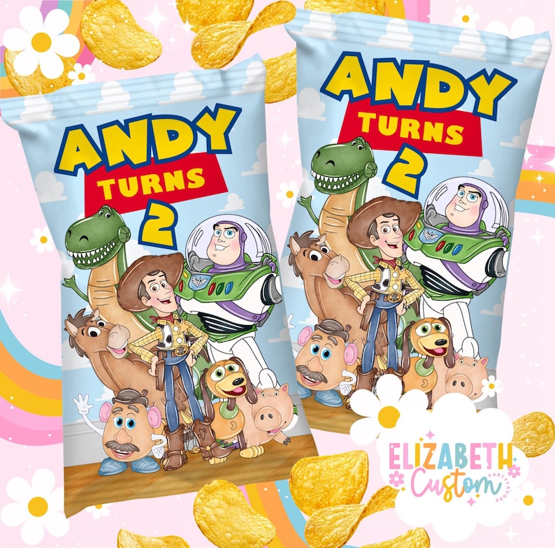 May include: Two bags of potato chips with a blue sky background and the text "ANDY TURNS 2". The bags feature cartoon characters including a dinosaur, Woody, Buzz Lightyear, and other Toy Story characters. The chips are scattered around the bags.
