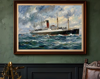 May include: An oil painting in a dark wood frame depicting a large steamship with a prominent red funnel sailing across a choppy, deep blue ocean under a cloudy, turbulent sky. The vessel features multiple masts and white superstructure decks.