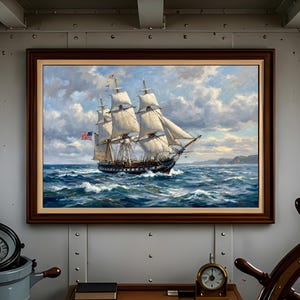 May include: A framed oil painting of a tall ship sailing on a choppy sea under a cloudy sky. The ship has white sails and an American flag. The frame is dark brown.