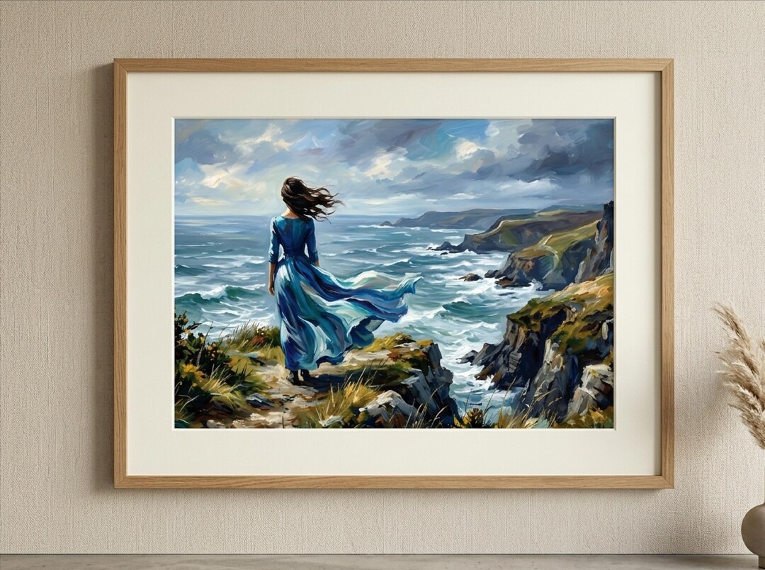 Coastal Woman Oil Painting Ocean Cliff Landscape Digital Wall Art ...