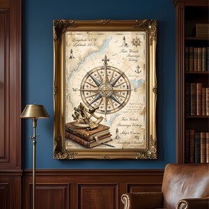 May include: A framed vintage nautical map featuring a compass rose, lighthouses, and text including "Longitude 45 W Latitude 32 N" and "Fair Winds Bearings Victory." The map is in a gold ornate frame, with books and a sextant.