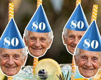 80th Birthday Personalised Face Photo Cutout Straws, Custom Party Decor, Customised Gift