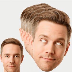 Pode incluir: Um retrato de uma pessoa com cabelo castanho curto e expressão neutra, acompanhado por uma sequência maior e sobreposta do mesmo rosto exibindo um sorriso subtil com os olhos voltados para cima contra um fundo liso.