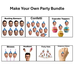 Può includere: Un set per feste personalizzabile Make Your Own Party Bundle con ritagli di volti su festoni, coriandoli, decorazioni per cupcake, cannucce, un cerchietto, cappellini da festa e tatuaggi temporanei, tutti con un cappellino blu con il 30.