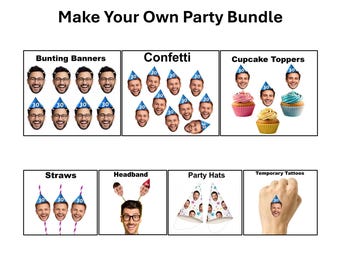 Paquete personalizado para fiestas con caras, decoraciones personalizadas para fiestas con fotos, confeti con caras, gorro de fiesta, adorno para cupcakes, pajitas, guirnalda, diadema, tatuajes