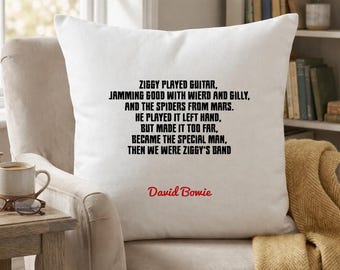 David Bowie Ziggy Played Guitar Cushion Cover, Beige Polyester Lyric Pillow Cover 50x50, Rock Music Cushion, Gift Home Decorative Pillow
