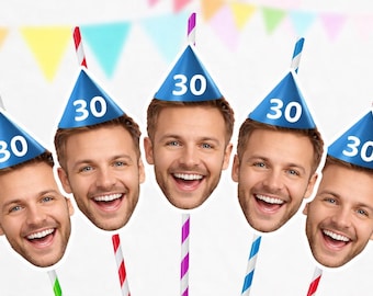 Pailles personnalisées avec découpe de visage, décoration de fête photo personnalisée, cadeau d'anniversaire personnalisé