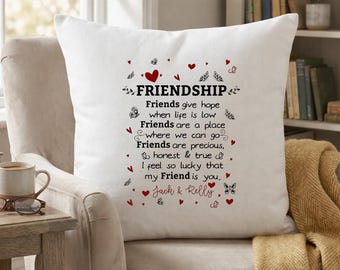 Personalised Friendship Cushion Cover Beige Polyester Pillow, Soft Home Decor Throw Pillow 45x45cm, Custom Name Gift for Best Friends