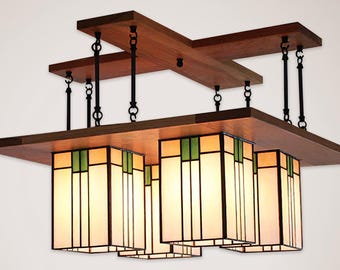 Prairie Chandelier - Craftsman Light Fixture - Large Size - Stained Glass