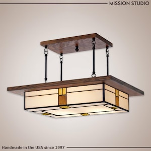 Mission Style Dining Room Chandelier – Whispering White Stained Glass - Oak Frame