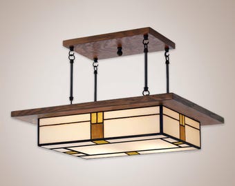 Mission Style Dining Room Chandelier – Whispering White Stained Glass - Oak Frame