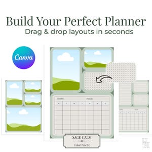 Puede incluir: Plantilla de planificador digital con una paleta de colores verde salvia. El diseño incluye un calendario mensual, opciones de diseño y el texto "Build Your Perfect Planner" y "Drag & drop layouts in seconds". El logotipo de Canva también es visible.