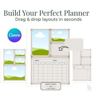 May include: A digital planner template with a soft linen color palette. The design includes drag-and-drop layouts, a monthly calendar, and space for notes. The Canva logo is visible in the upper left corner.