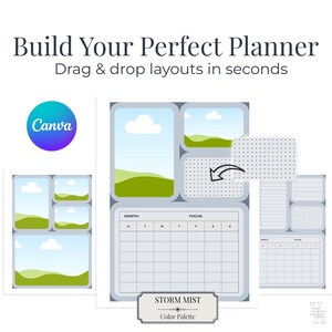 Puede incluir: Plantilla de planificador digital con calendario, opciones de diseño y el texto "Build Your Perfect Planner". El logotipo de Canva es visible. La paleta de colores es "Storm Mist".