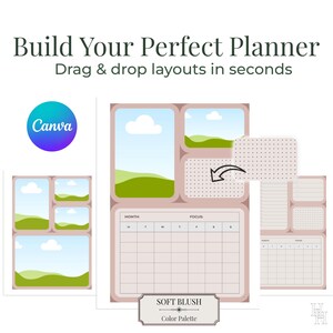 Puede incluir: Una plantilla de planificador digital con una paleta de colores rosa suave. El diseño incluye diseños de arrastrar y soltar, un calendario mensual y espacio para notas. El logotipo de Canva es visible. El texto dice: "Build Your Perfect Planner".