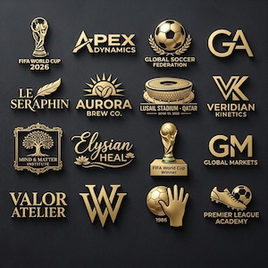 May include: A collection of sixteen gold-colored logos arranged in a grid on a dark background. The designs include the FIFA World Cup 2026 trophy, Apex Dynamics, Global Soccer Federation, GA, Le Seraphin, Aurora Brew Co., Lusail Stadium, Veridian Kinetics, Mind & Matter Institute, Elysian Heal, FIFA World Cup Winner trophy, GM Global Markets, Valor Atelier, VW, a hand with a soccer ball, and Premier League Academy.