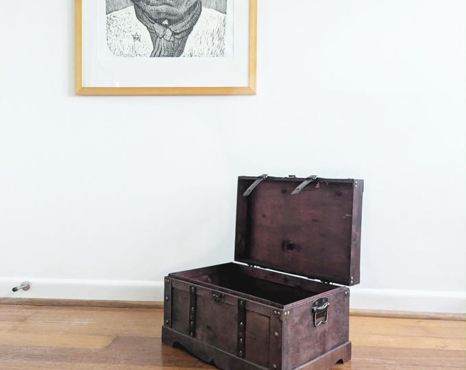 Vintage Antique Style Wooden Treasure Chest Storage Trunk- Coffee Table Brutalist Spanish Revival