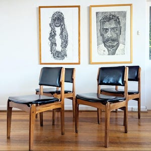 SOLD Matt Set of 4 Mid-Century Teak Chiswell "Spade Back" Chairs Black Vinyl - A Piece of Local History - Danish Erik Buch style Pickup