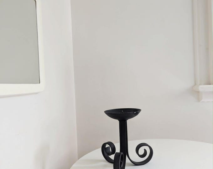 Vintage Forged Iron Steel Candle Holder Brutalist Black Heavy Metal Candlestick Curly Swirl Feet / Heavy Authentic