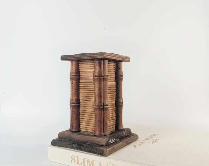 Vintage Mid Century Handmade Wood & Bamboo Candle Holder  70s Wabi Sabi