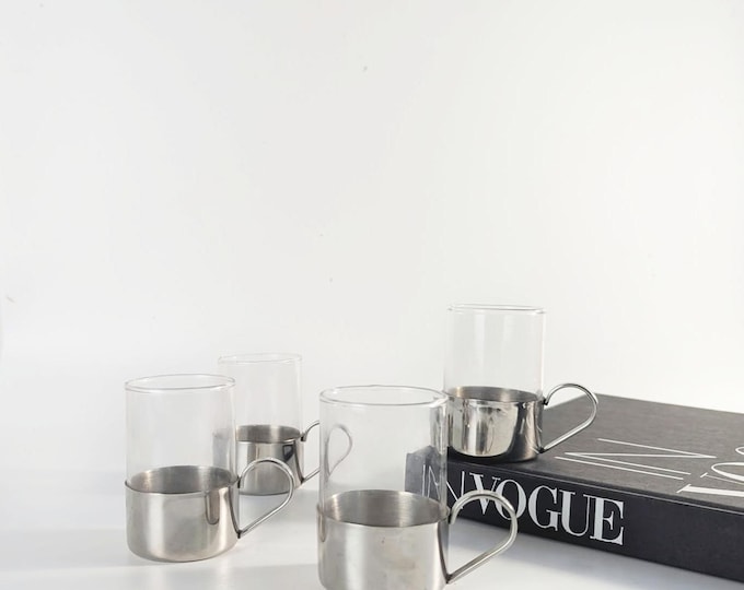 Vintage 70s Glass Cups with Stainless Steel Handles - Set of 4 Espresso Coffee Tea Glasses, Minimalist  Italian Style, late 1970s