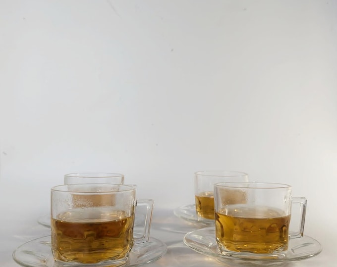 Vintage French Clear Glass Teacups & Saucers - Set of 4 Retro Modernist Square Handle Mugs by Luminarc Arcoroc