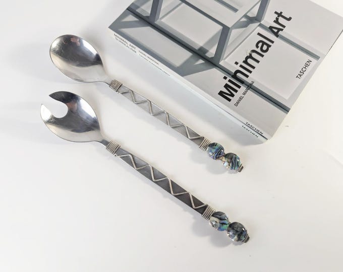 Vintage Handcrafted Wire-Wrapped zig zag Salad Servers – Stainless Steel with Abalone Shell Cabochons - Stunning Unique work of Art